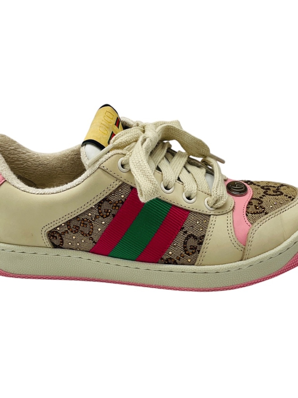 GUCCI BEIGE / DARK BROWN / PINK GG CRYSTAL SCREENER SNEAKER - Picture 2 of 7